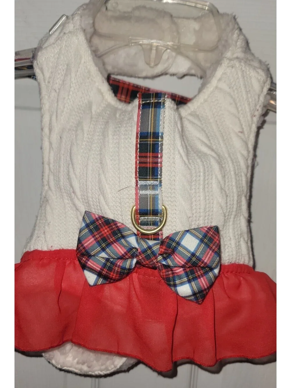 PETSMART CREAM/RED PLAID HOLIDAY BOW RUFFLE HARNESS SET MED+ 4FT MATCHING LEASH